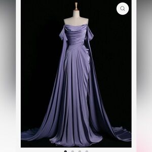 💜 A-Line Off Shoulder Satin Purple Formal Gown - Size 14
